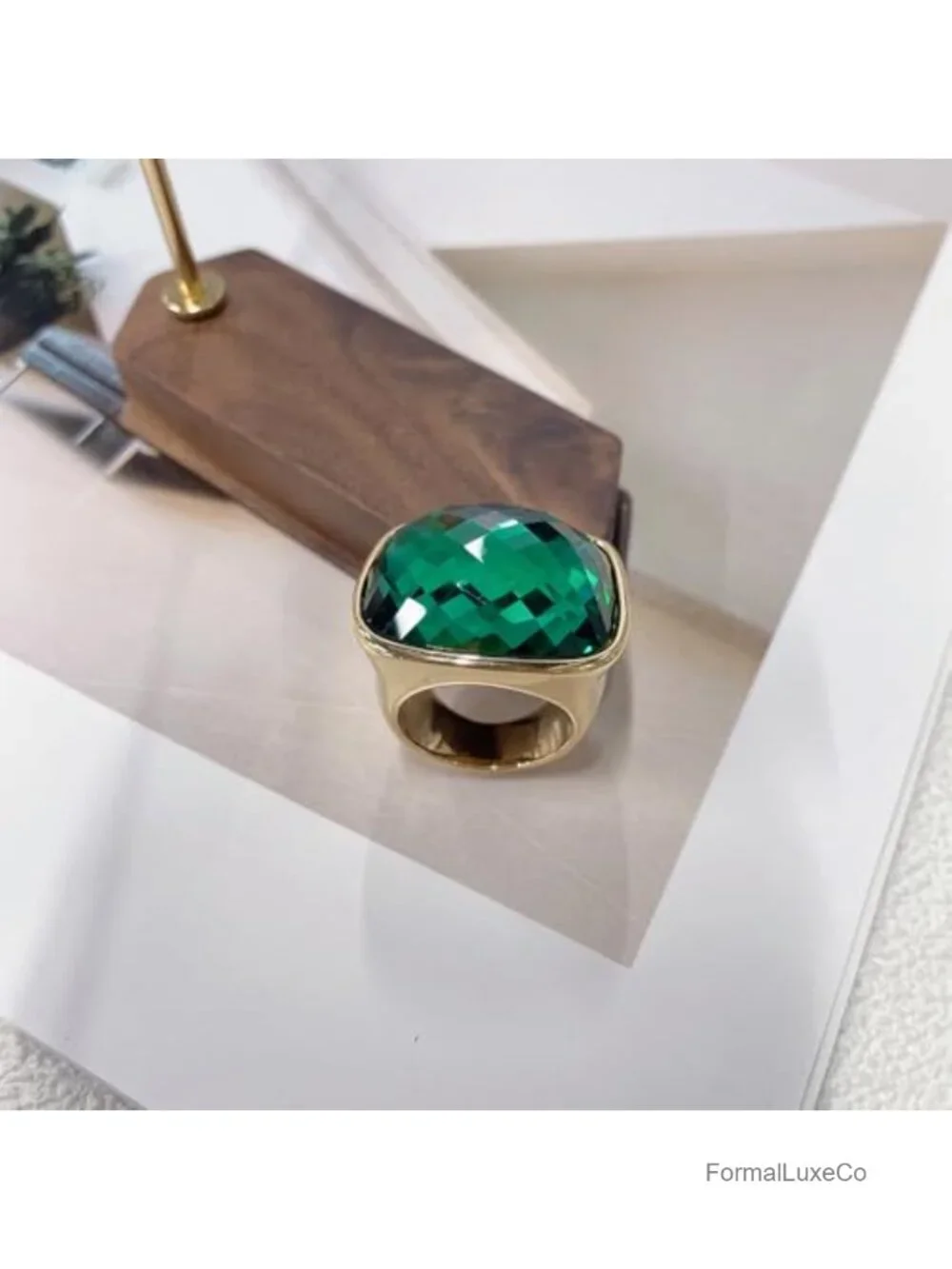 Chunky Square Crystal Cocktail Ring Stainless Steel Gold-Tone Plated Statement